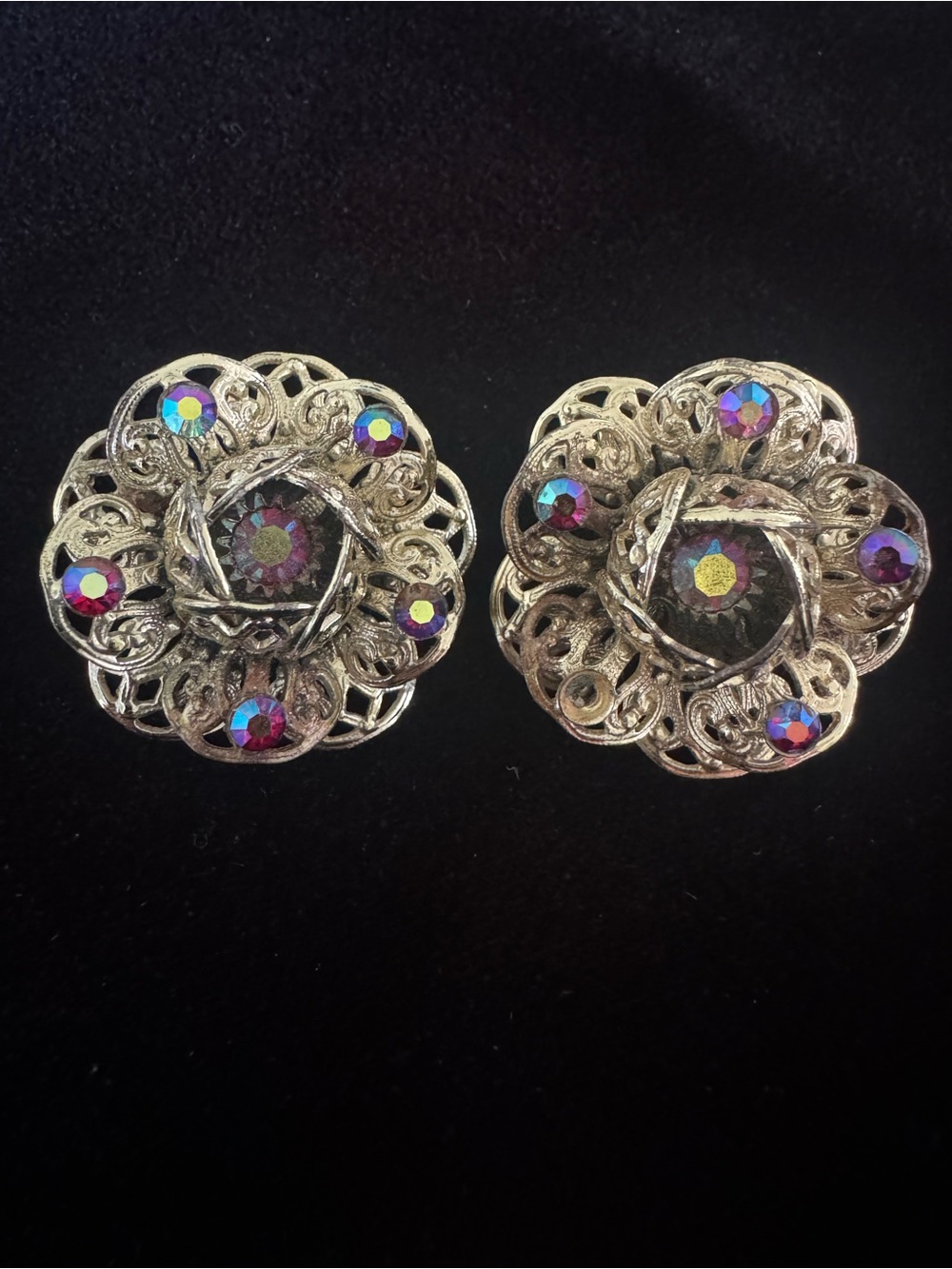 Vintage Sarah Coventry Gold Tone Aurora Borealis Filigree Clip-On Earrings